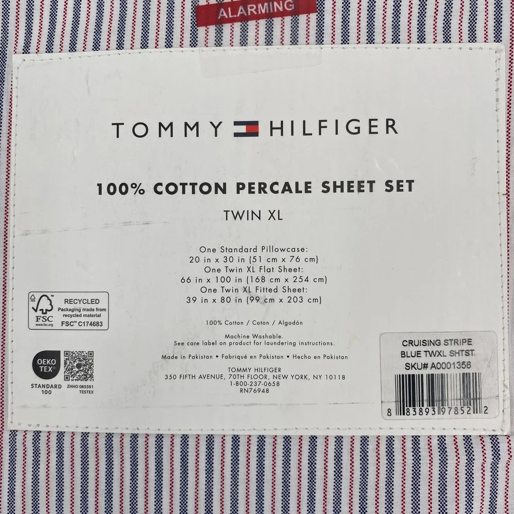 Tommy Hilfiger Sheet Set Twin XL Blue Cruising Stripe 100% Cotton Percale 3pc